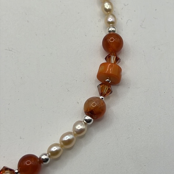 CORAL, FIRE AGATE, PEARL, CRYSTAL & STERLING SILVER ARTISAN CHOKER NECKLACE - Picture 4 of 11